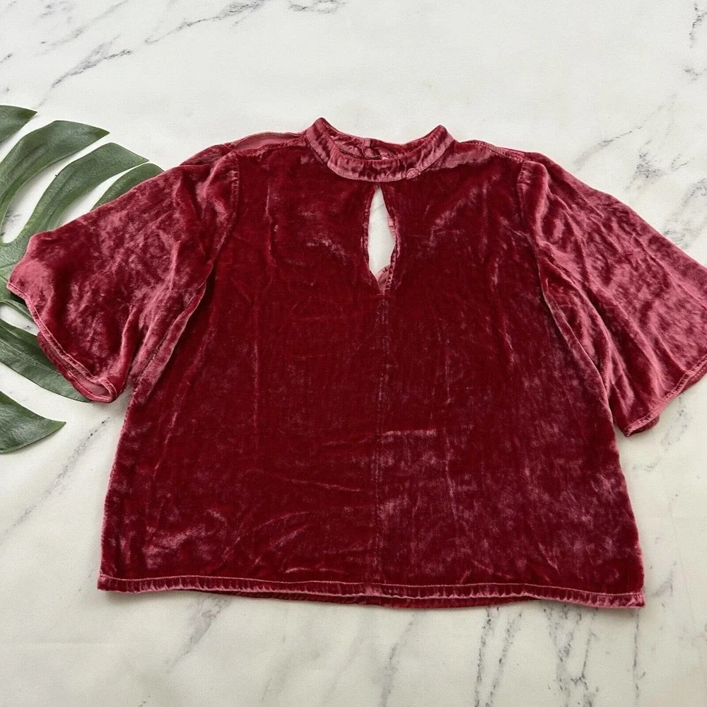 J Brand Velvet Key Hole Blouse Top Size S Red Flutter Sleeve High Neck - Picture 1 of 12